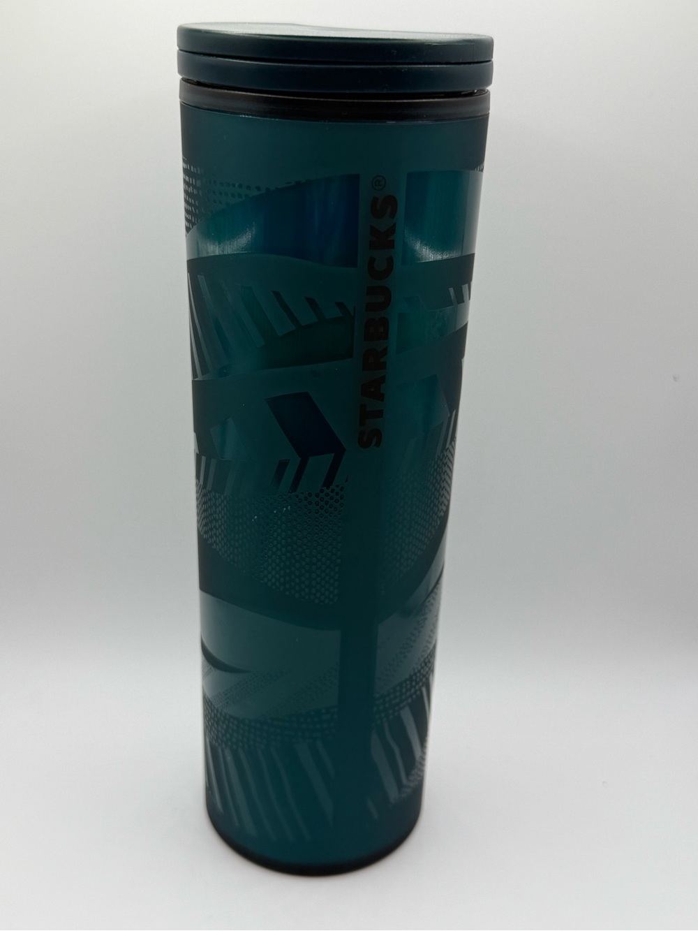 Starbucks Teal Blue Green Geometric Travel Tumbler Mug Black Lid 16 oz